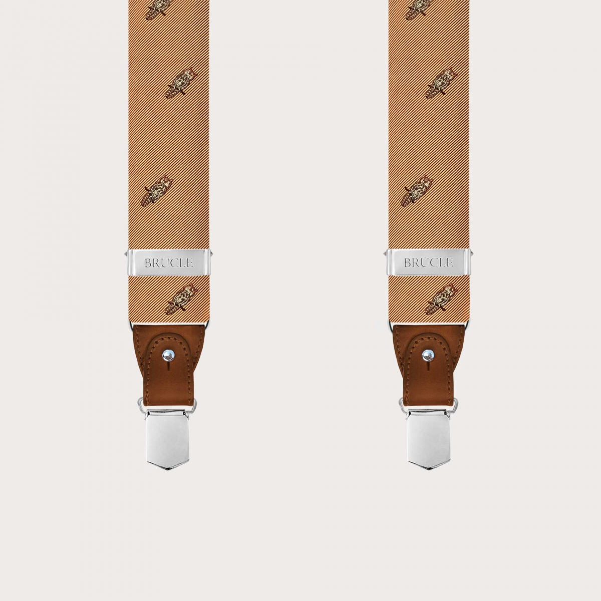 Bretelle uomo in seta dorate fantasia gufi clip o bottoni