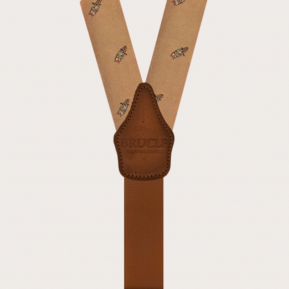Bretelles homme en soie dorée motif hiboux clip ou boutons