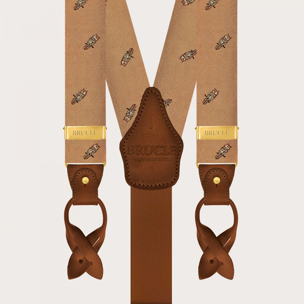 Men’s gold silk suspenders with owl pattern, gold clips or buttons