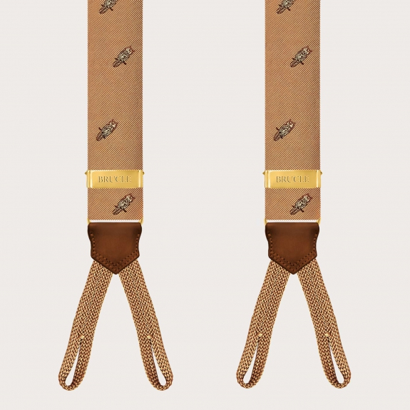 Men’s silk suspenders with golden owl and button loops