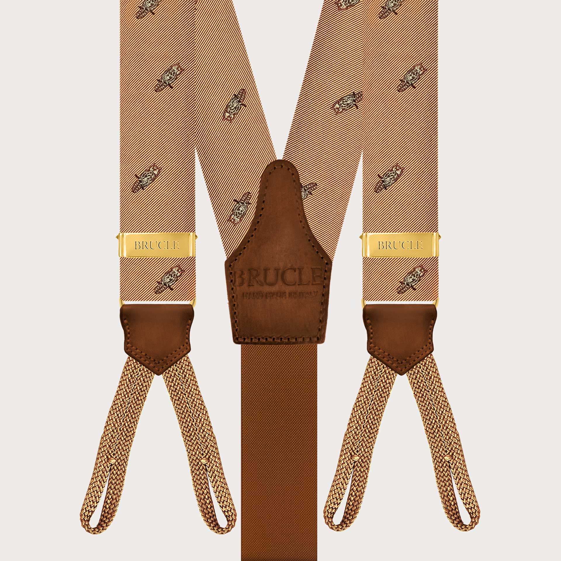 Men’s silk suspenders with golden owl and button loops