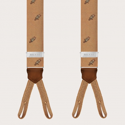 Bretelle uomo in seta con gufo dorato e asole per bottoni