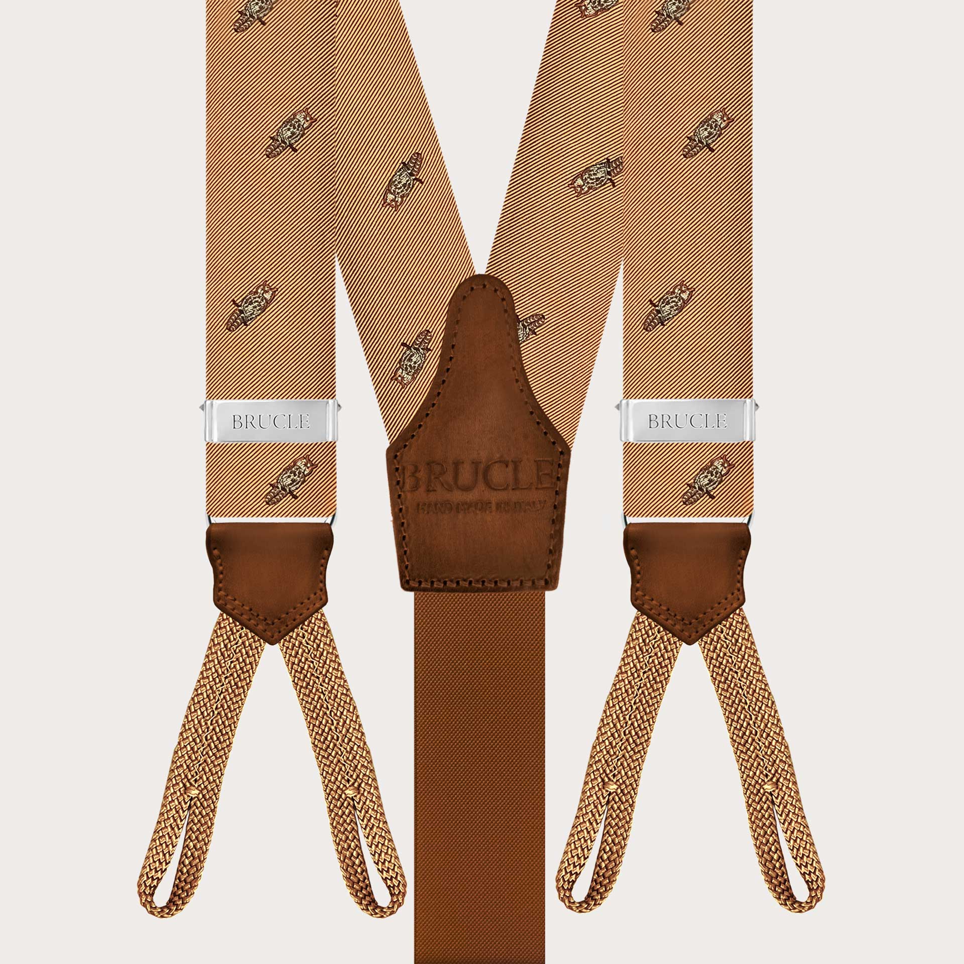 Men’s silk suspenders with golden owl button loops