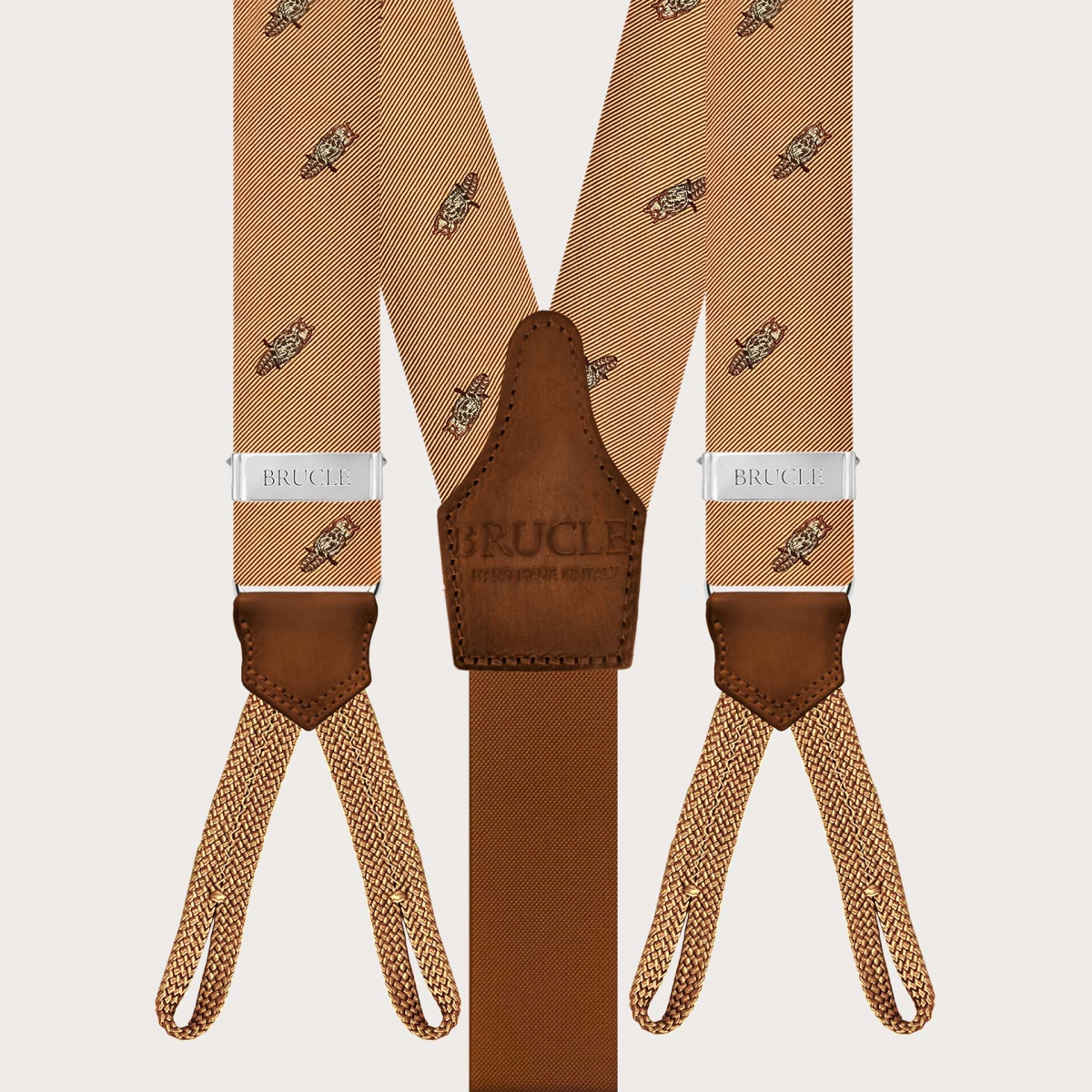 Men’s silk suspenders with golden owl button loops