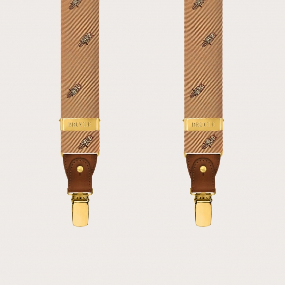 Herrenhosenträger aus goldener Seide mit Eulenmuster, goldene Clips oder Knöpfe