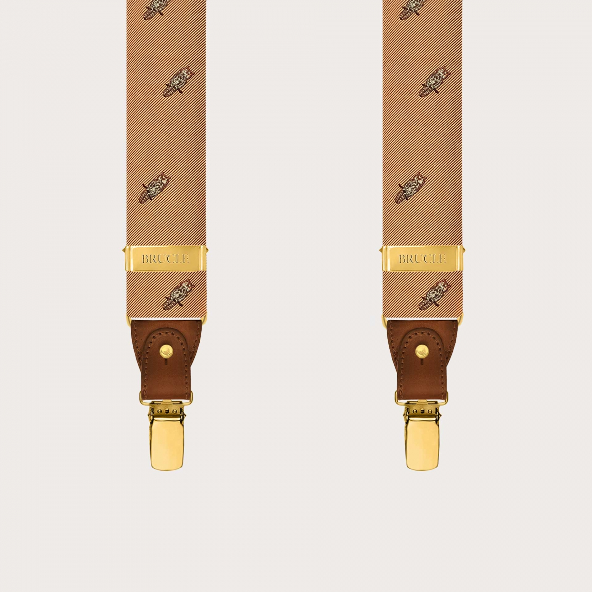 Men’s gold silk suspenders with owl pattern, gold clips or buttons