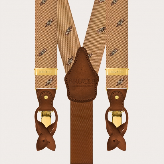 Men’s gold silk suspenders with owl pattern, gold clips or buttons