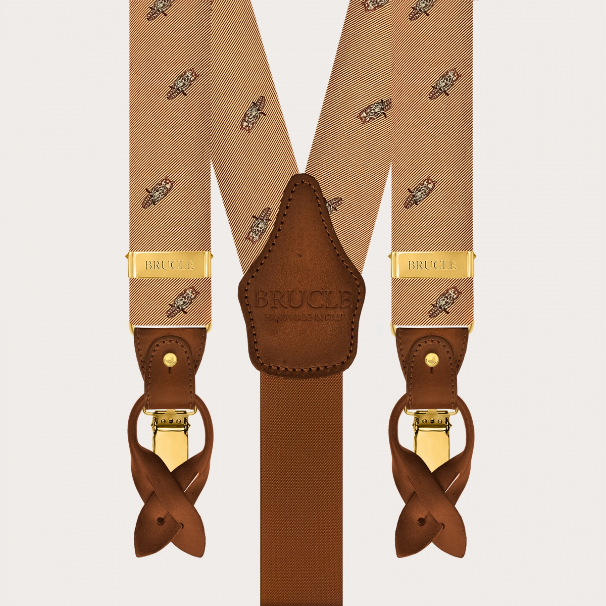 Men’s gold silk suspenders with owl pattern, gold clips or buttons