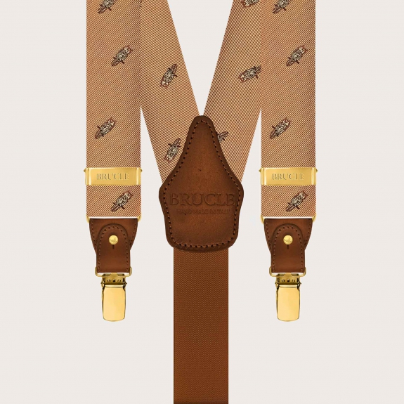 Men’s gold silk suspenders with owl pattern, gold clips or buttons