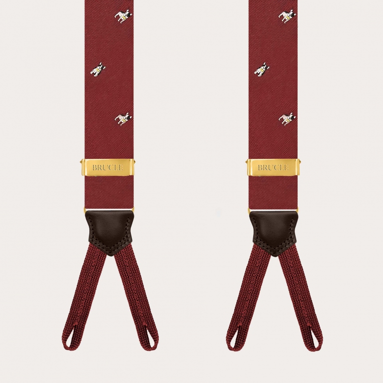 Burgundy jacquard silk suspenders with French bulldogs for buttons