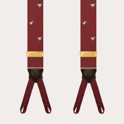 Burgundy jacquard silk suspenders with French bulldogs for buttons
