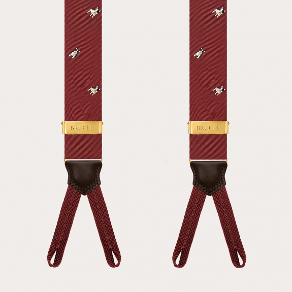 Burgundy jacquard silk suspenders with French bulldogs for buttons