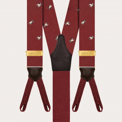 Burgundy jacquard silk suspenders with French bulldogs for buttons