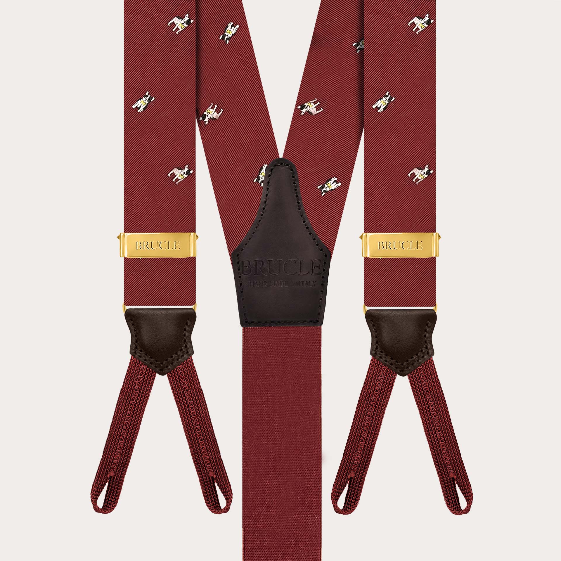 Burgundy jacquard silk suspenders with French bulldogs for buttons