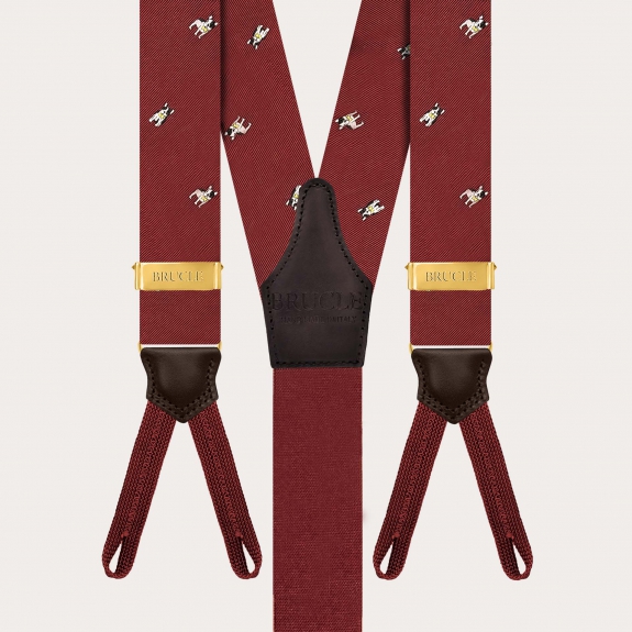 Bretelle bordeaux in seta jacquard con bulldog francesi per bottoni