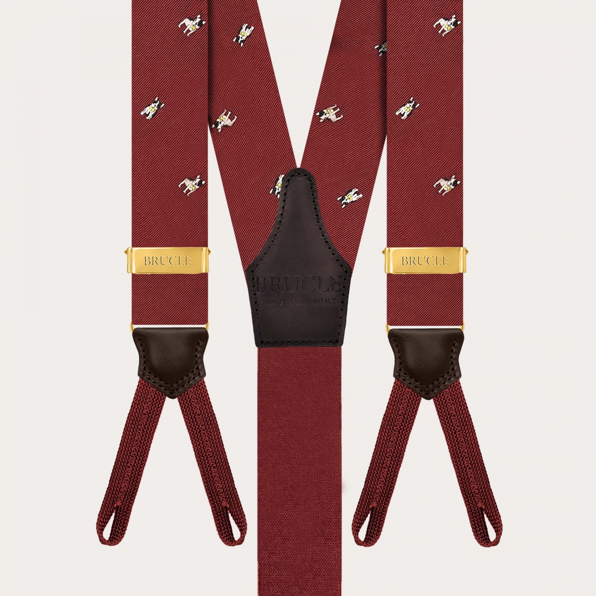 Bretelle bordeaux in seta jacquard con bulldog francesi per bottoni