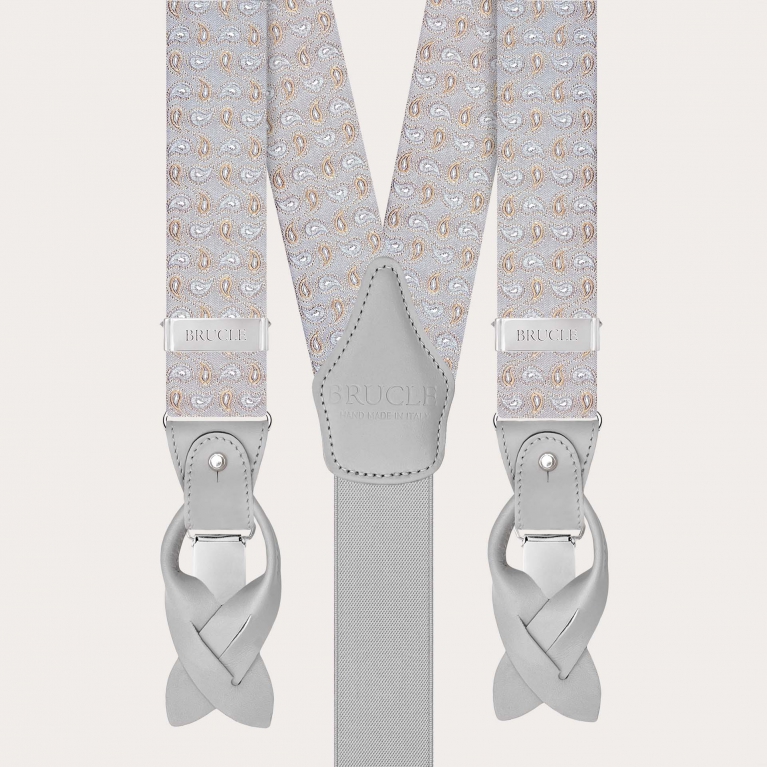 Men’s grey silk suspenders with paisley pattern