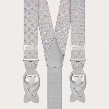 Men’s grey silk suspenders with paisley pattern