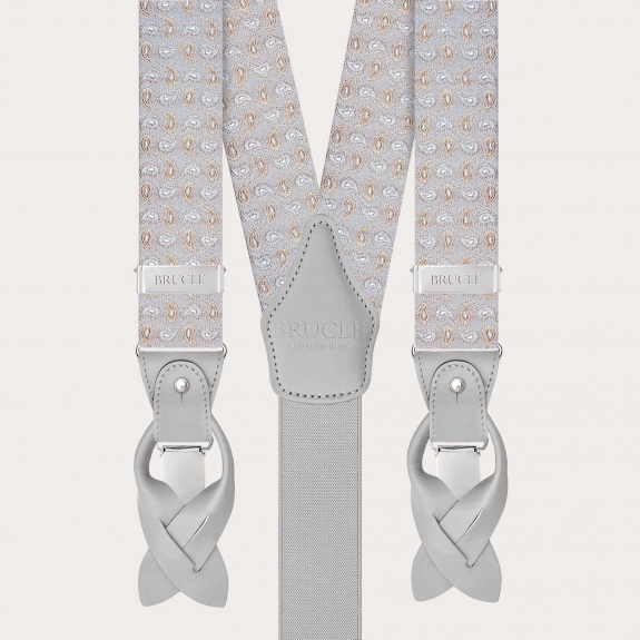 Men’s grey silk suspenders with paisley pattern
