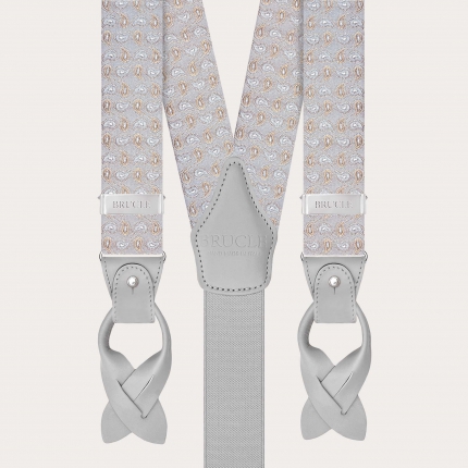Men’s grey silk suspenders with paisley pattern