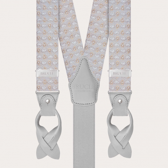 Men’s grey silk suspenders with paisley pattern