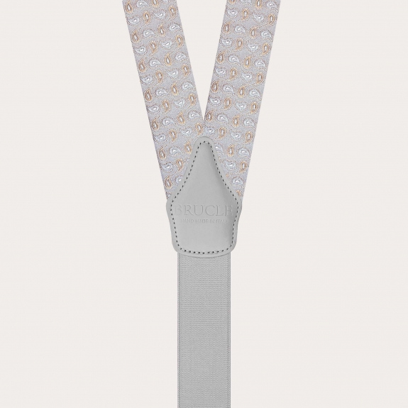 Grey silk suspenders with paisley pattern and gold clips