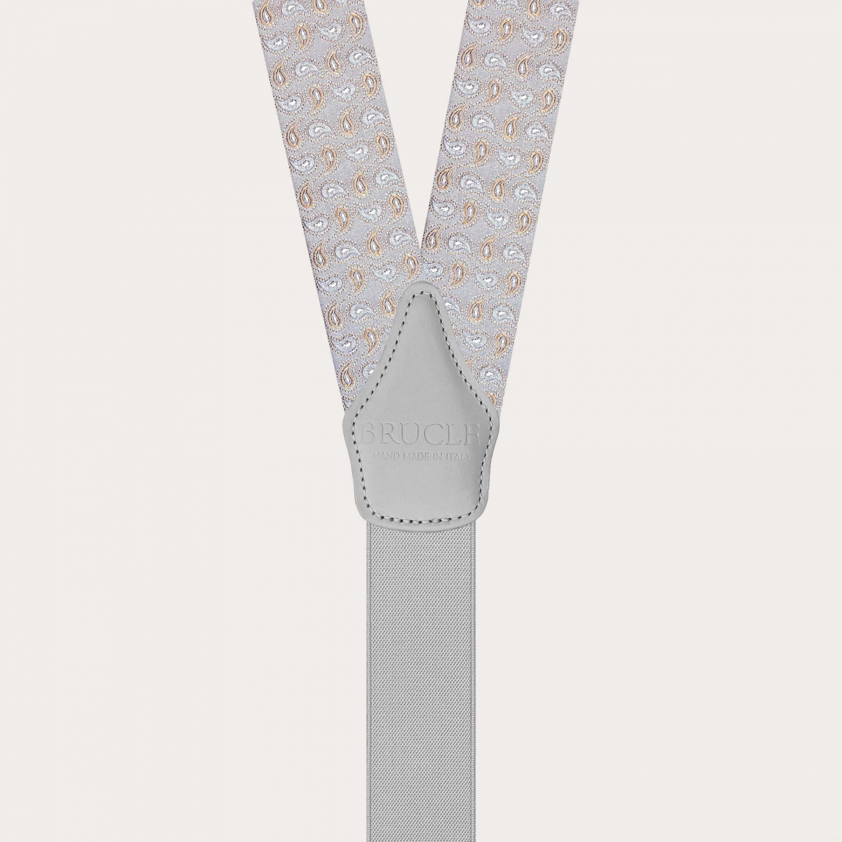 Grey silk suspenders with paisley pattern and gold clips