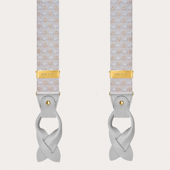 Grey silk suspenders with paisley pattern and gold clips