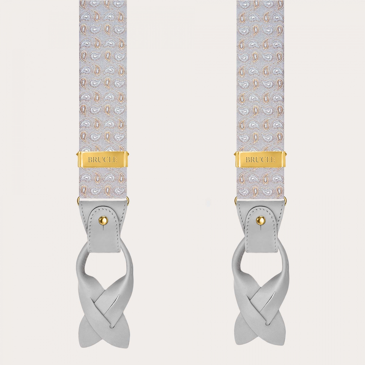 Bretelle grigie in seta fantasia cachemire con clip oro