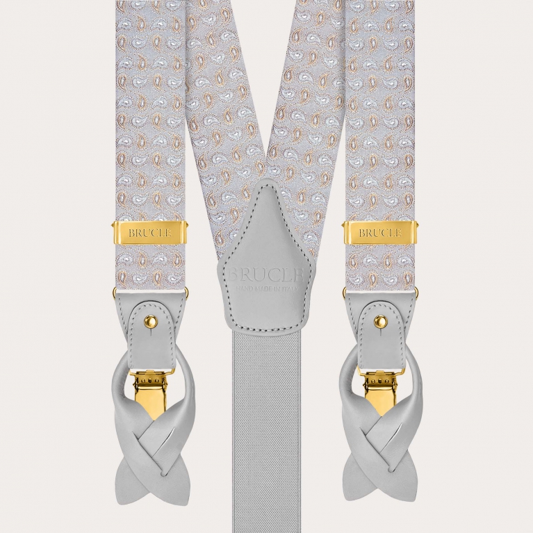 Grey silk suspenders with paisley pattern and gold clips