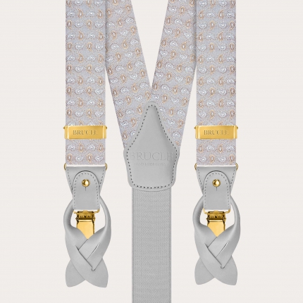 Grey silk suspenders with paisley pattern and gold clips
