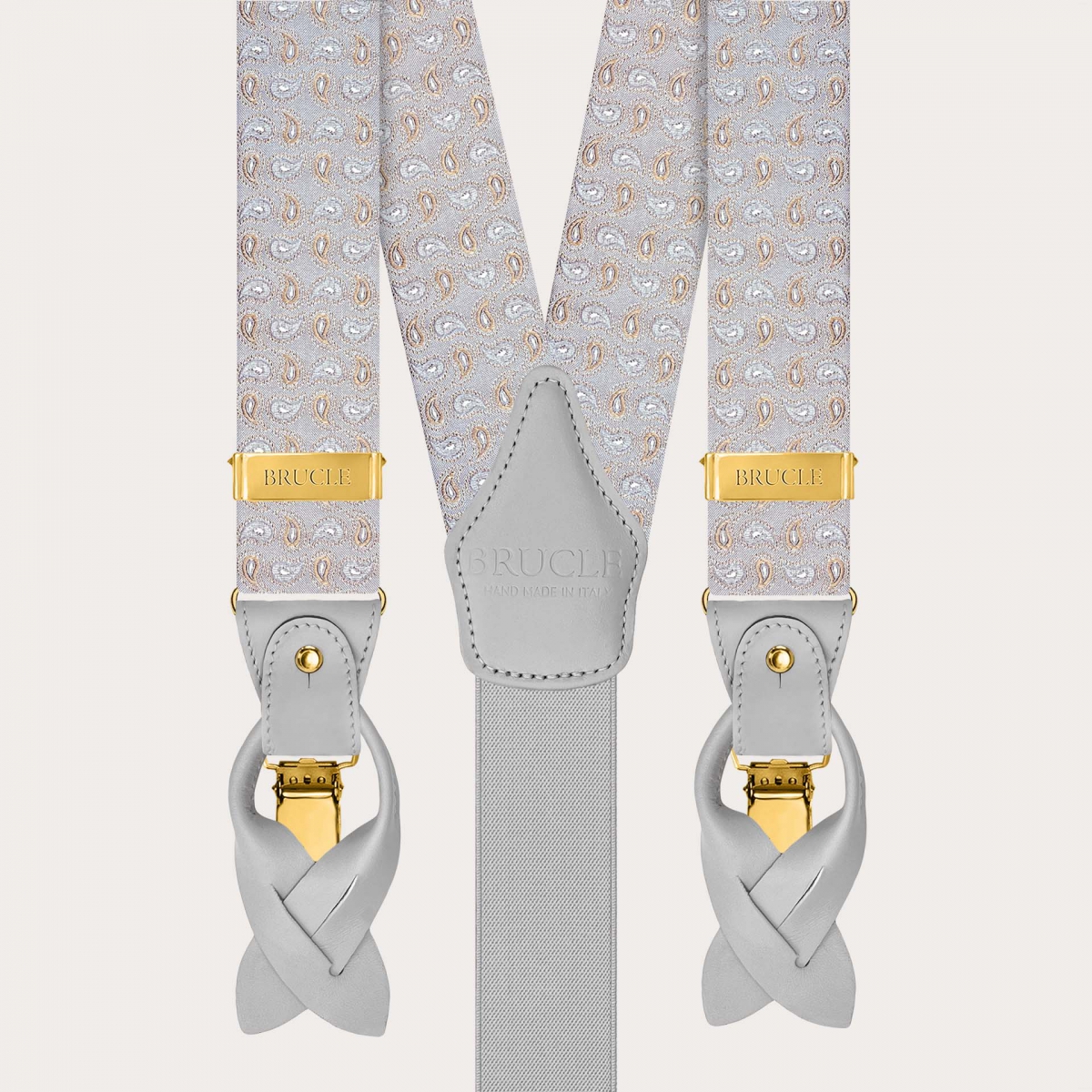 Grey silk suspenders with paisley pattern and gold clips