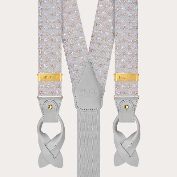 Bretelle grigie in seta fantasia cachemire con clip oro