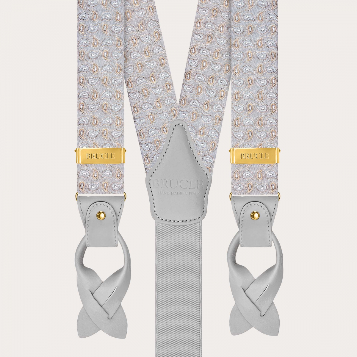 Grey silk suspenders with paisley pattern and gold clips