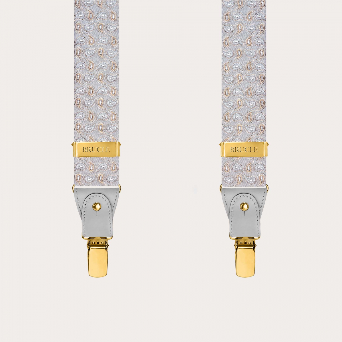 Grey silk suspenders with paisley pattern and gold clips