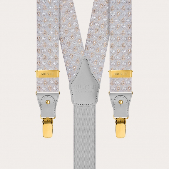 Bretelle grigie in seta fantasia cachemire con clip oro