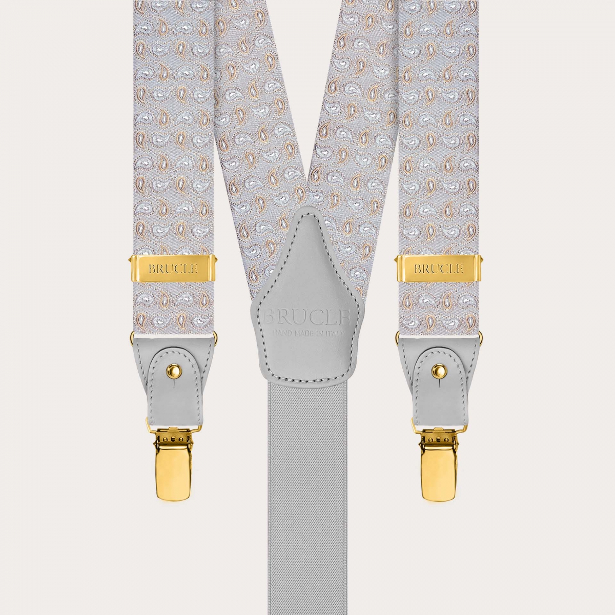 Bretelle grigie in seta fantasia cachemire con clip oro