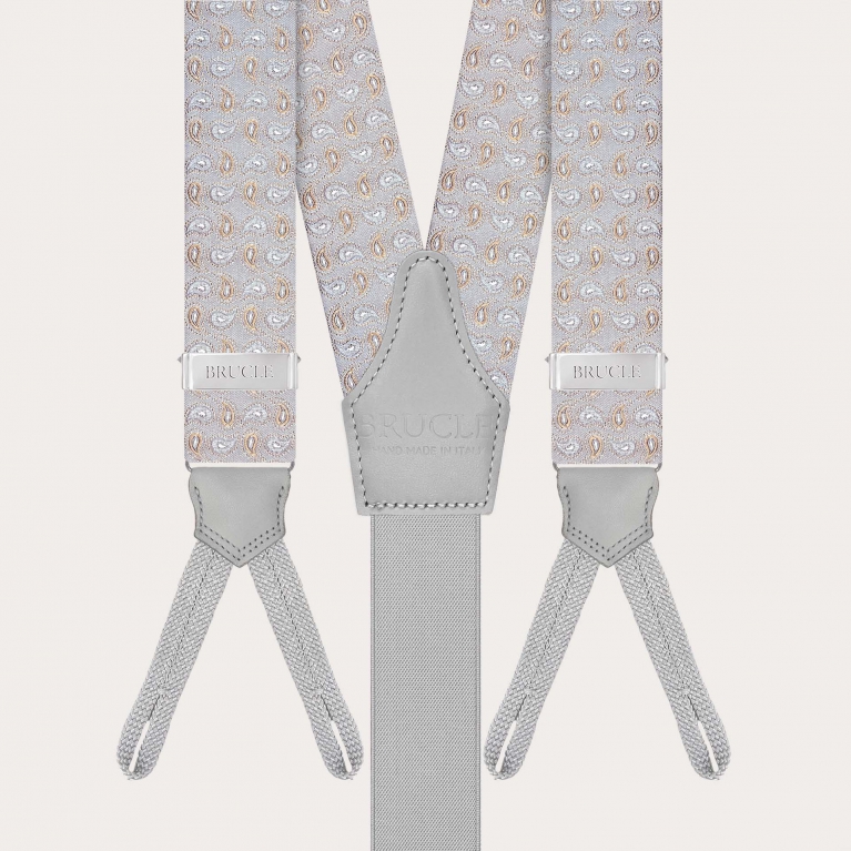 Grey silk paisley suspenders with button loops