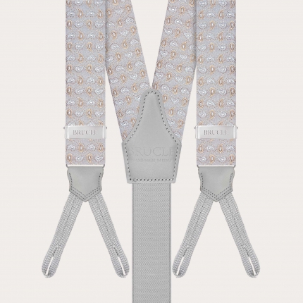 Grey silk paisley suspenders with button loops