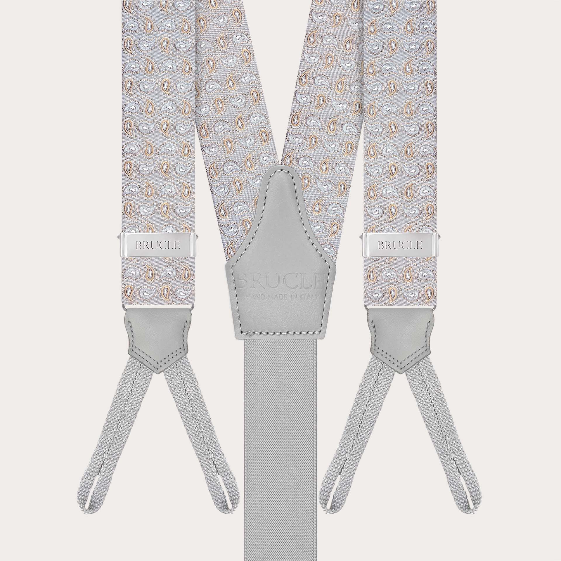 Grey silk paisley suspenders with button loops