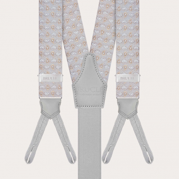 Grey silk paisley suspenders with button loops