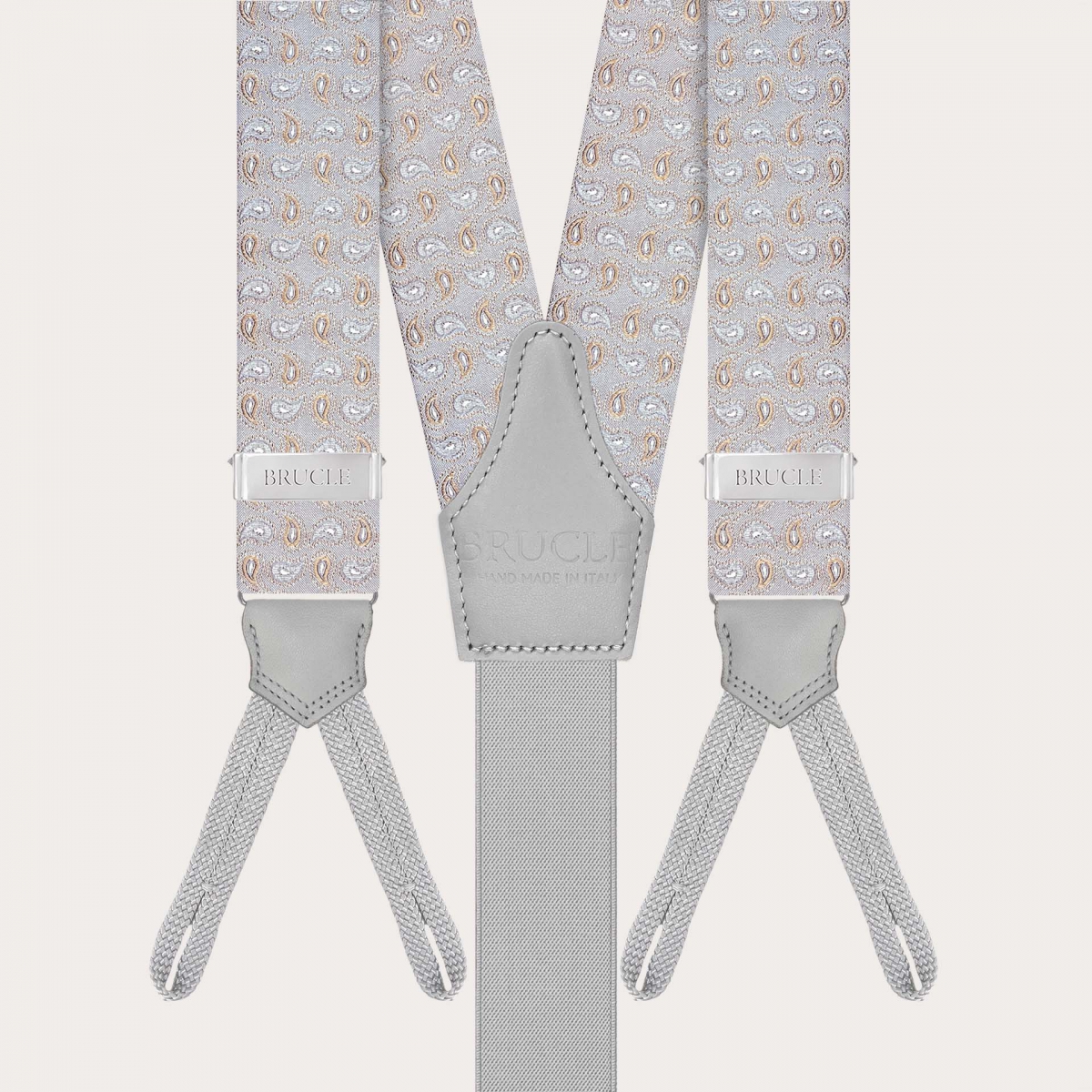 Grey silk paisley suspenders with button loops