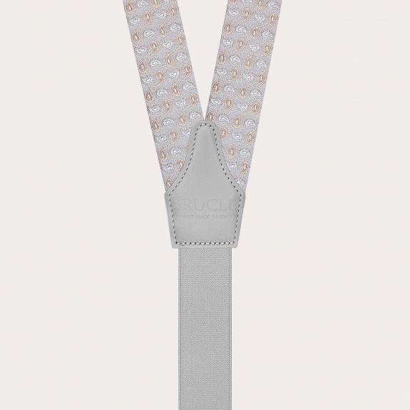 Grey and gold silk paisley suspenders for buttons