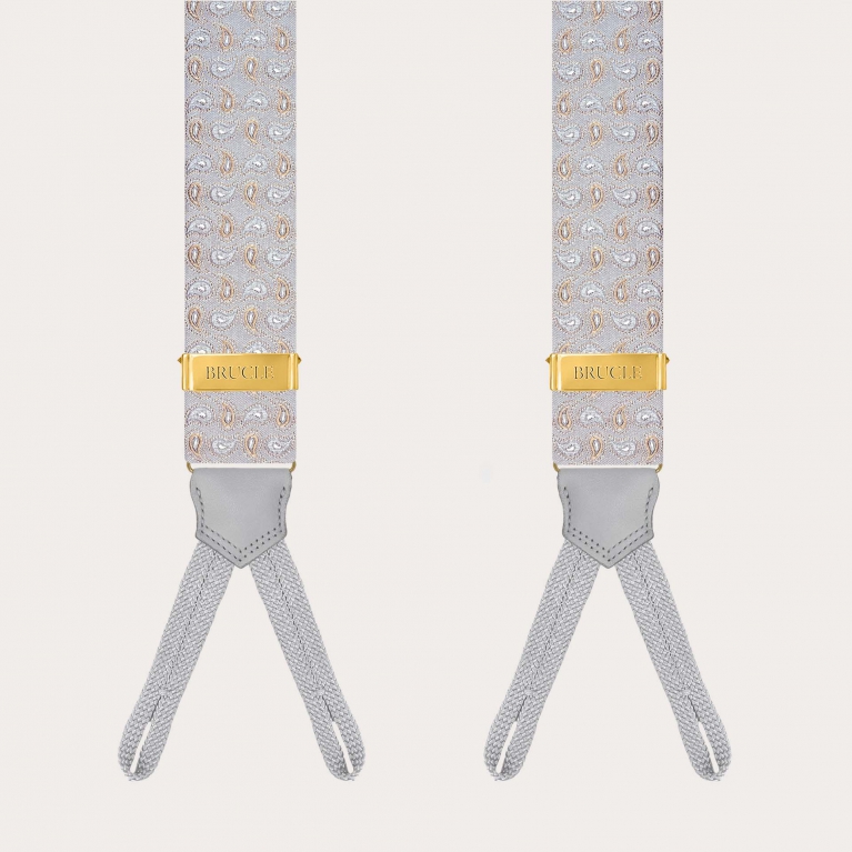Grey and gold silk paisley suspenders for buttons