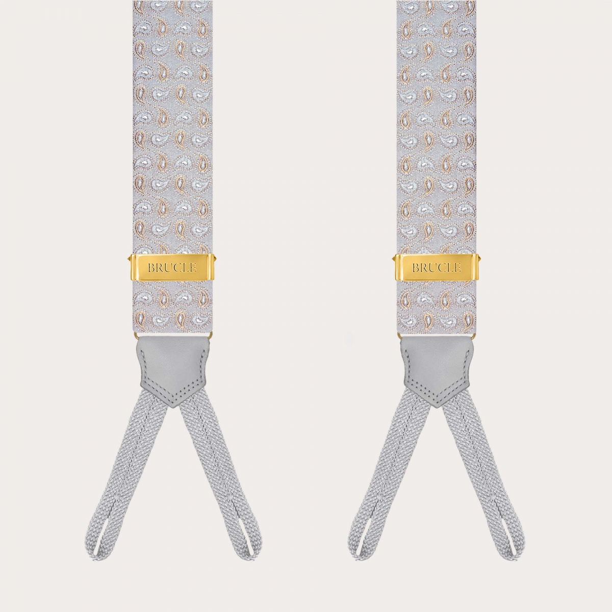 Grey and gold silk paisley suspenders for buttons