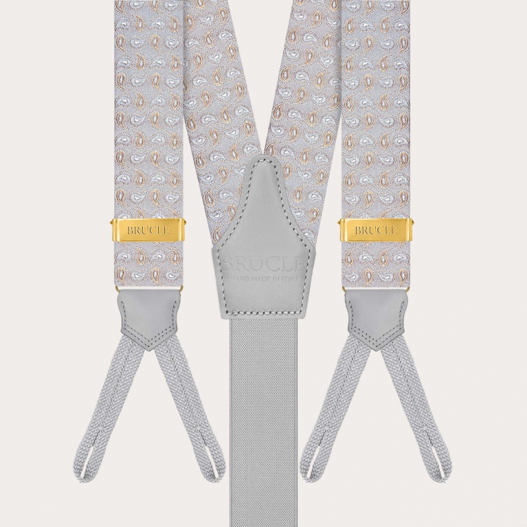 Grey and gold silk paisley suspenders for buttons