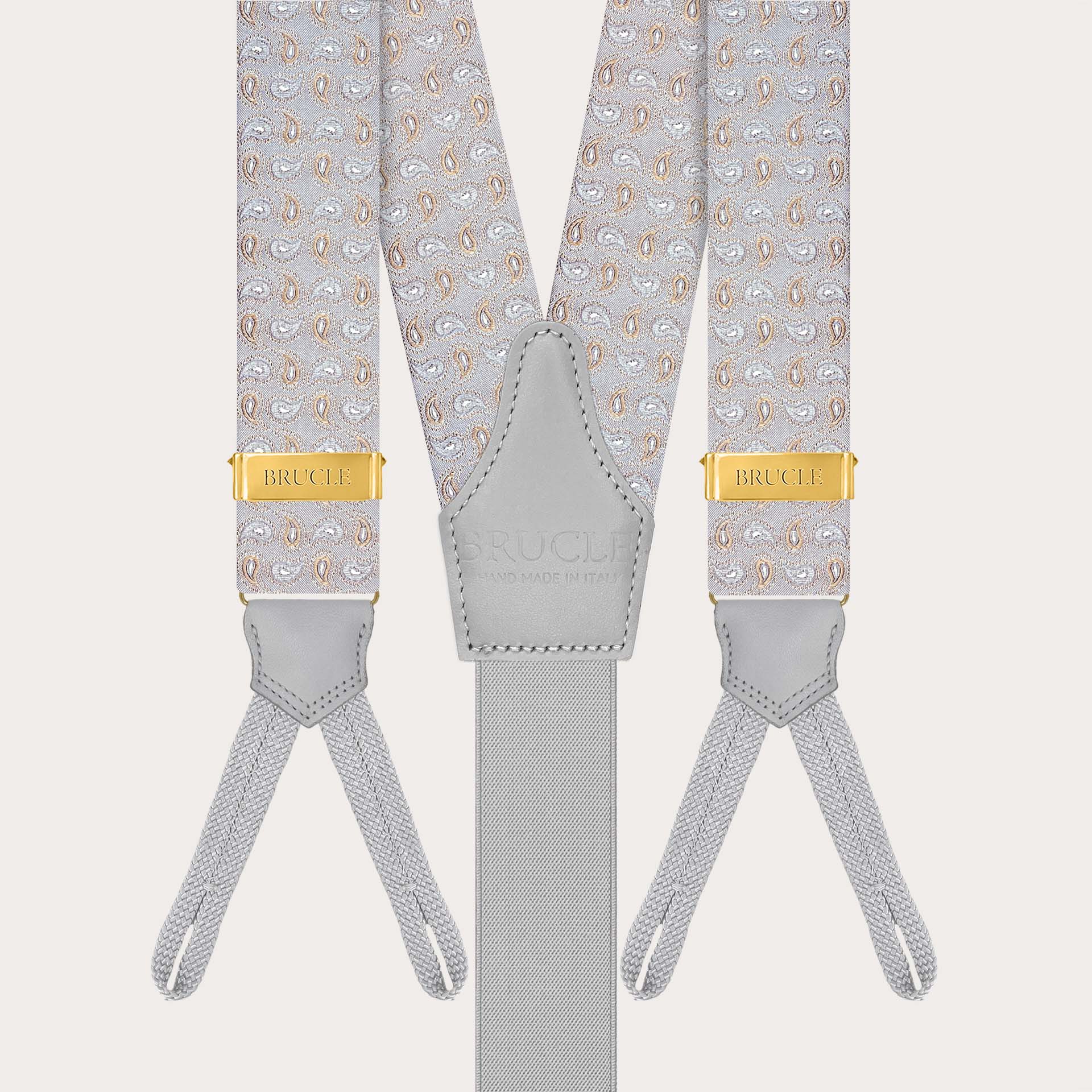 Grey and gold silk paisley suspenders for buttons