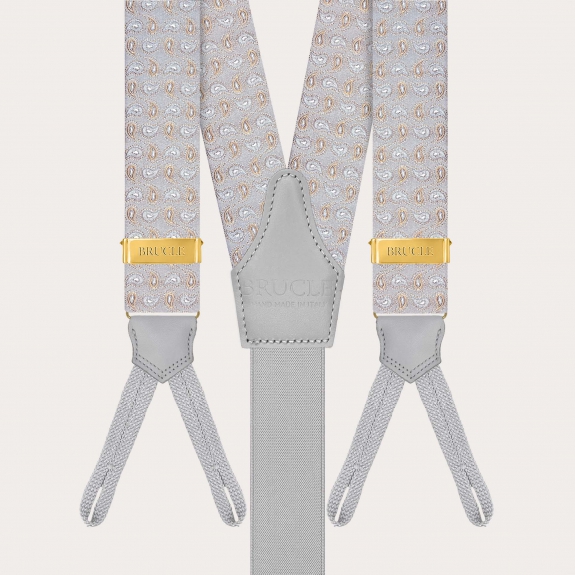 Grey and gold silk paisley suspenders for buttons