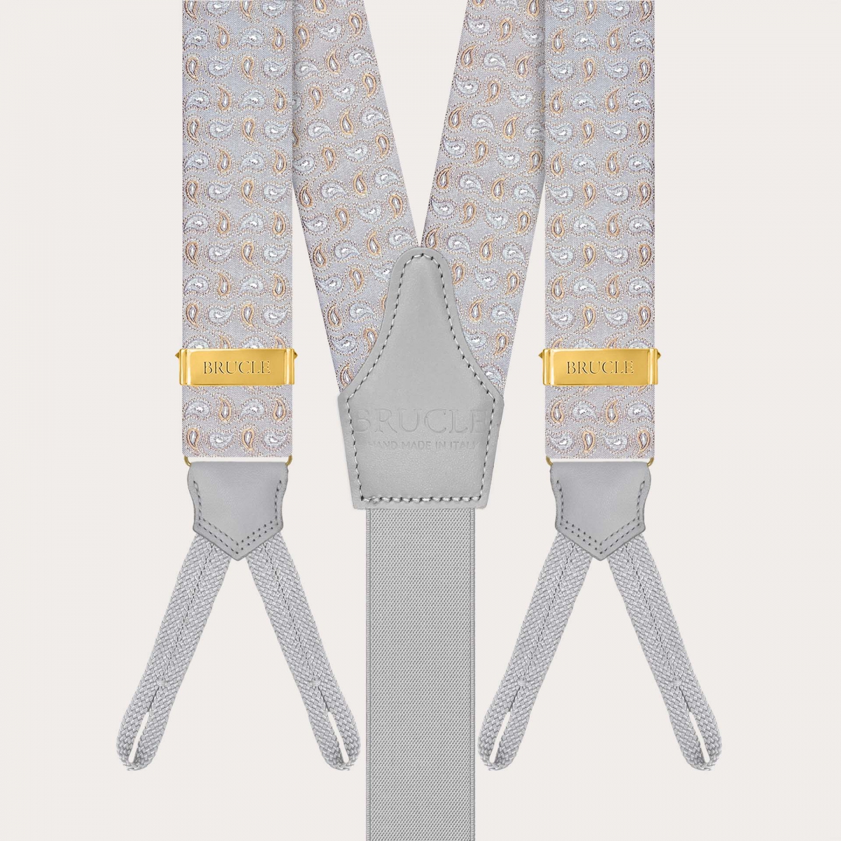 Grey and gold silk paisley suspenders for buttons
