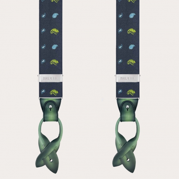 Bretelles homme en soie bleue à motif caméléons verts